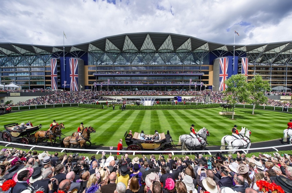 A large crowd of people in a stadium with Ascot Racecourse in the backgroundAI-generated content may be incorrect.